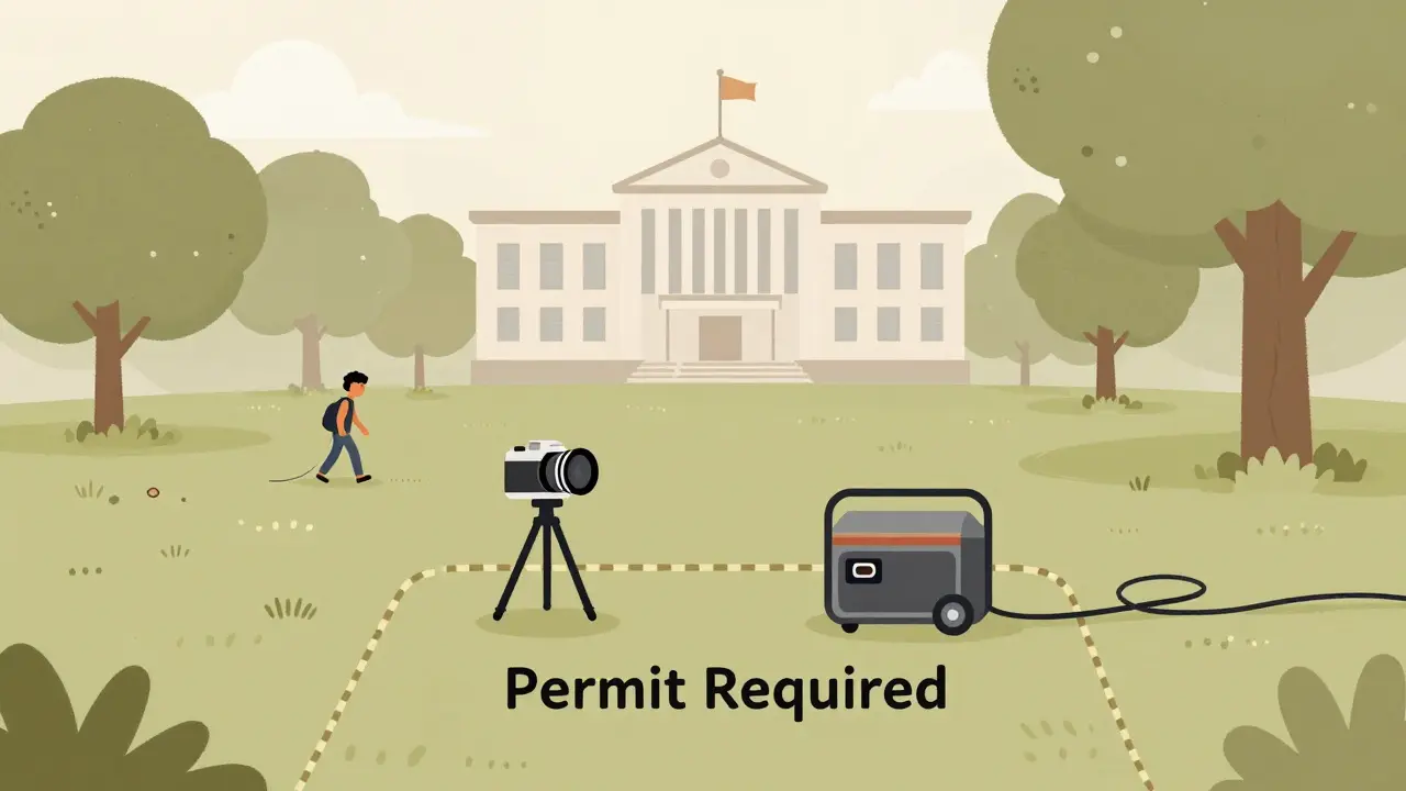 Tripod, camera, and generator on park grass with permit boundary and tripping cable