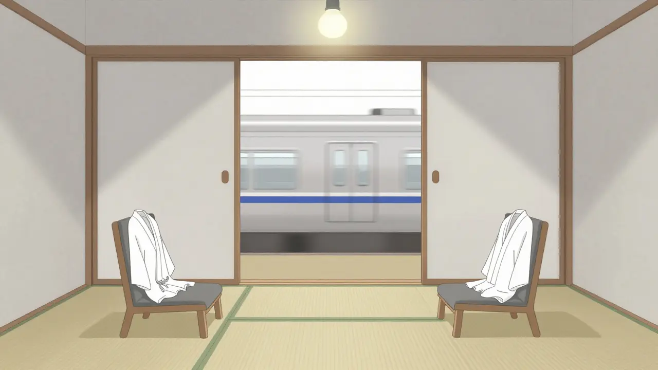 Two empty chairs in a tatami room with a train visible through a half-open door, minimalist style.