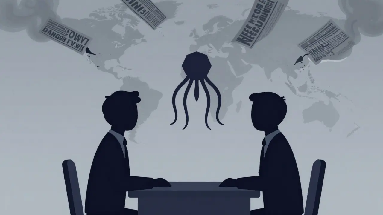 Two figures face each other across a table as a mysterious alien symbol hovers above, suggesting ambiguity and tension.