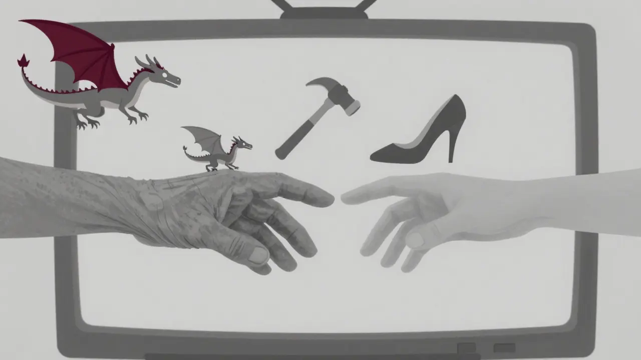 Two hands reaching across a TV screen with symbolic objects between them.
