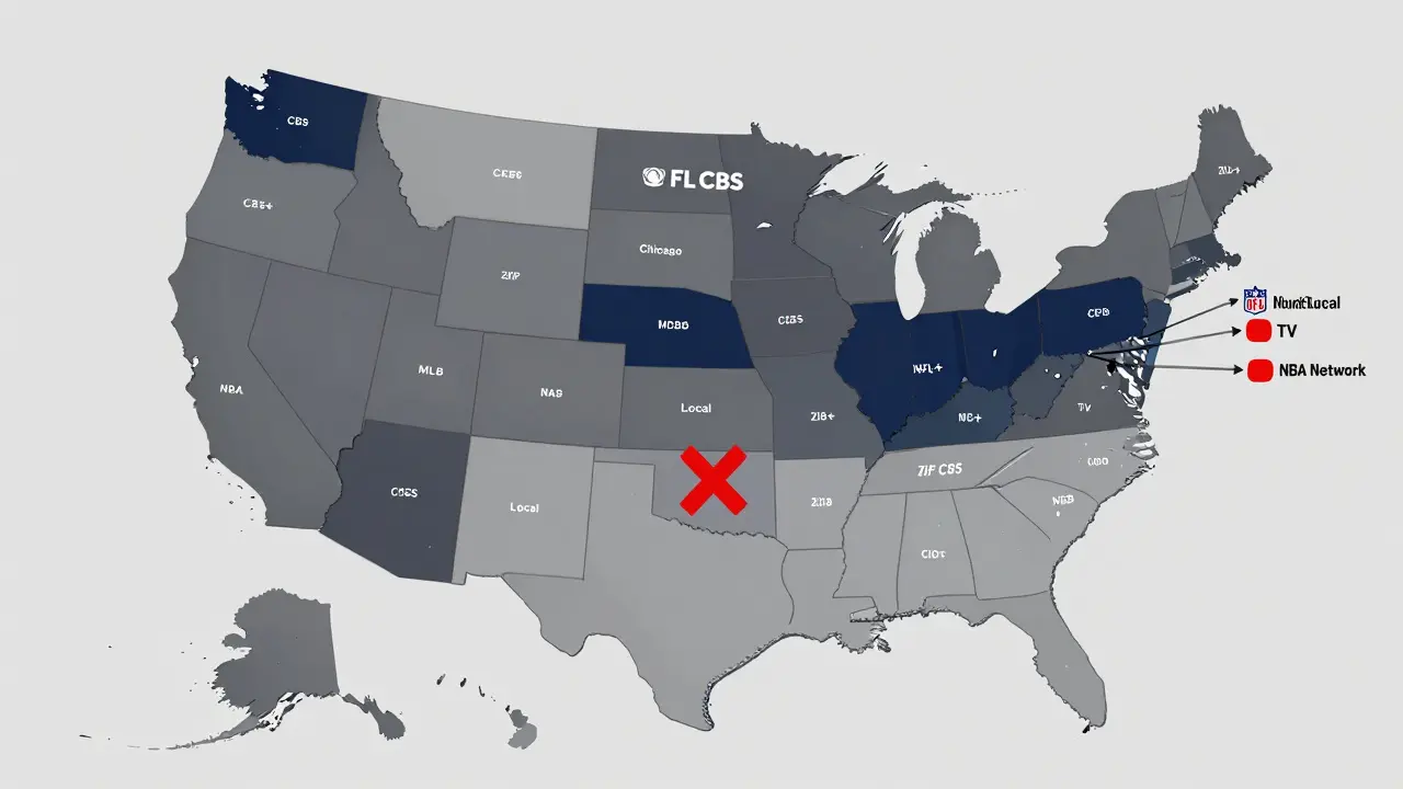 US map with regional sports broadcast restrictions marked by red Xs.