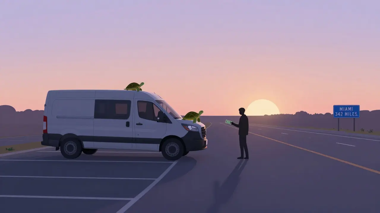 Van parked in Walmart lot at dawn, giving money to a shadowy hitchhiker, turtle on hood.