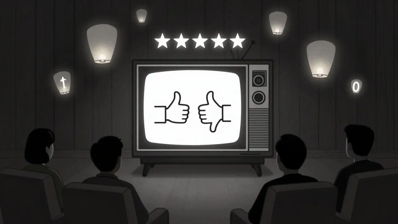 Vintage TV with Ebert and Siskel’s thumbs-up, surrounded by floating star ratings in minimalist style.