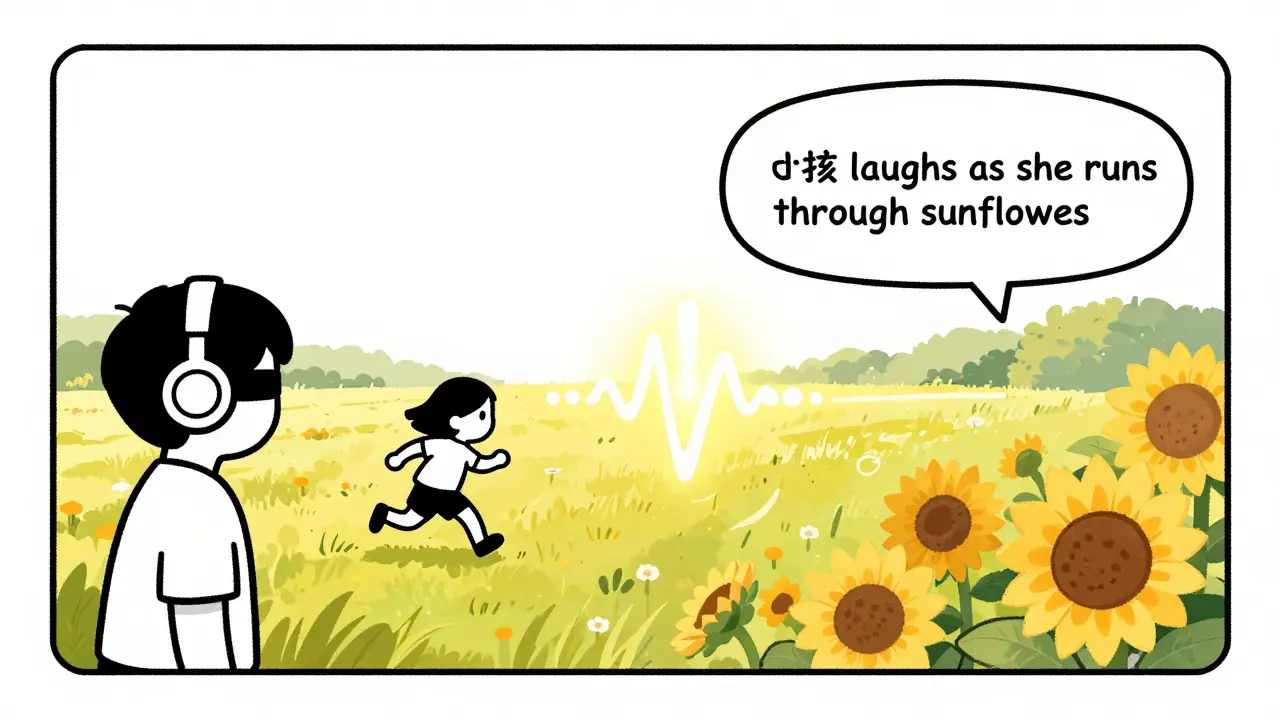 A blind viewer listens to audio description as a narrator describes a character running through a sunlit field.