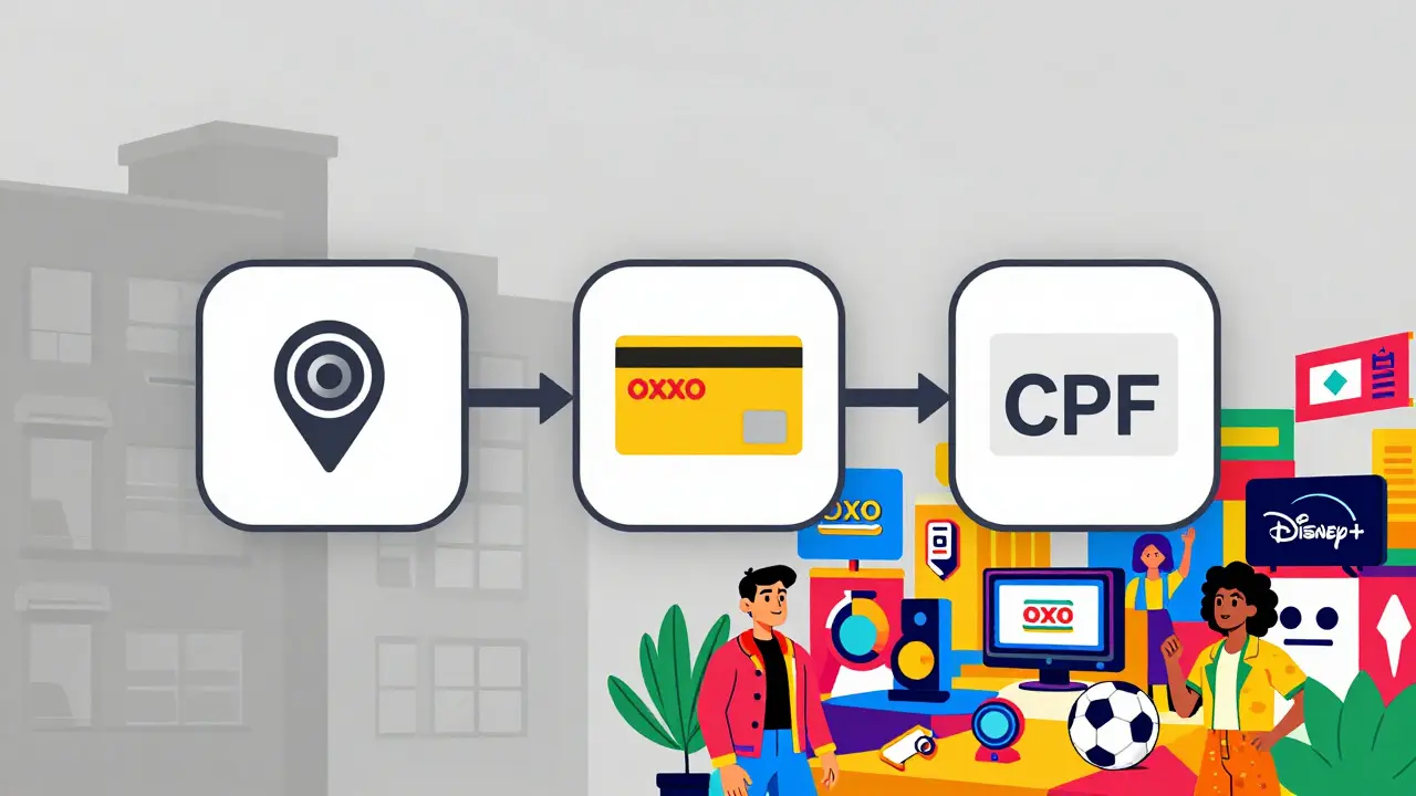 A bridge made of VPN, prepaid card, and ID icon connects a U.S. home to vibrant Latin streaming content.