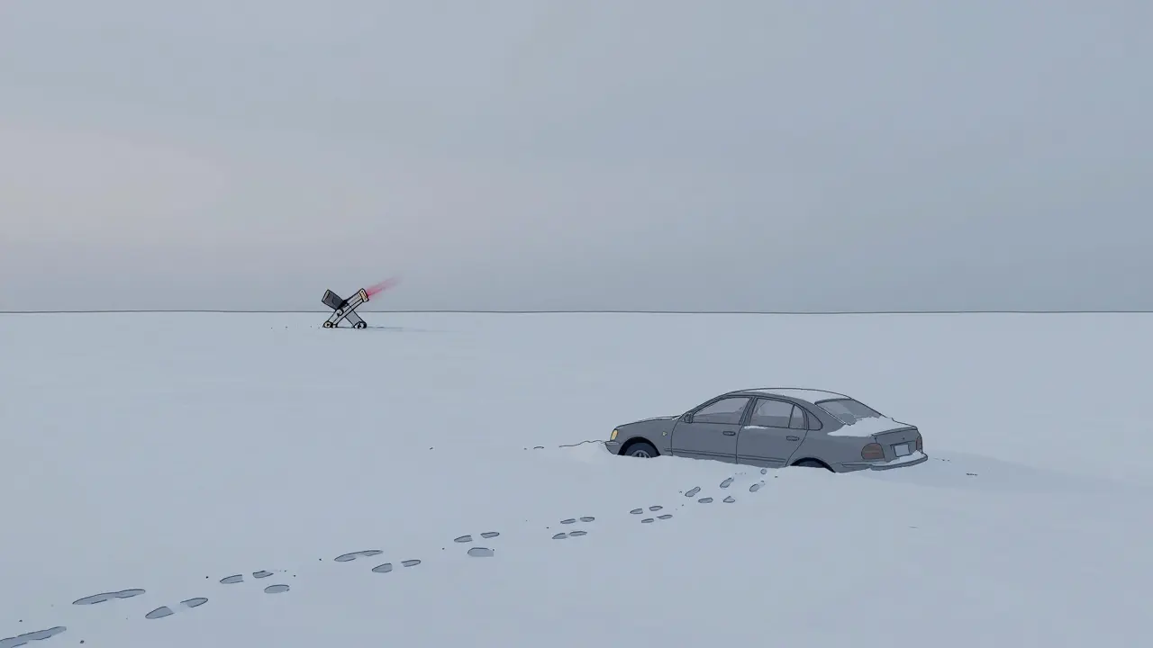 A car buried in snow with a woodchipper in the distance under a pale winter sky.