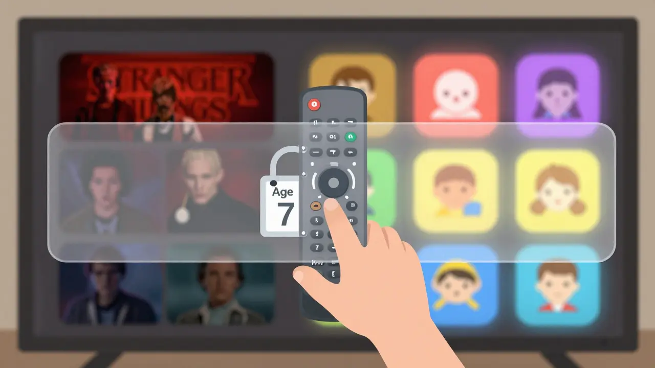 A child's hand blocked from adult show thumbnails by a lock and age badge, while kid-friendly icons glow safely.