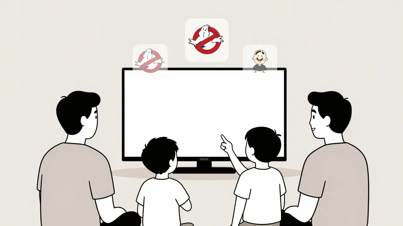 A family watching on-demand movies and shows on a TV via a Roku stick, with no sign-up or ads visible.