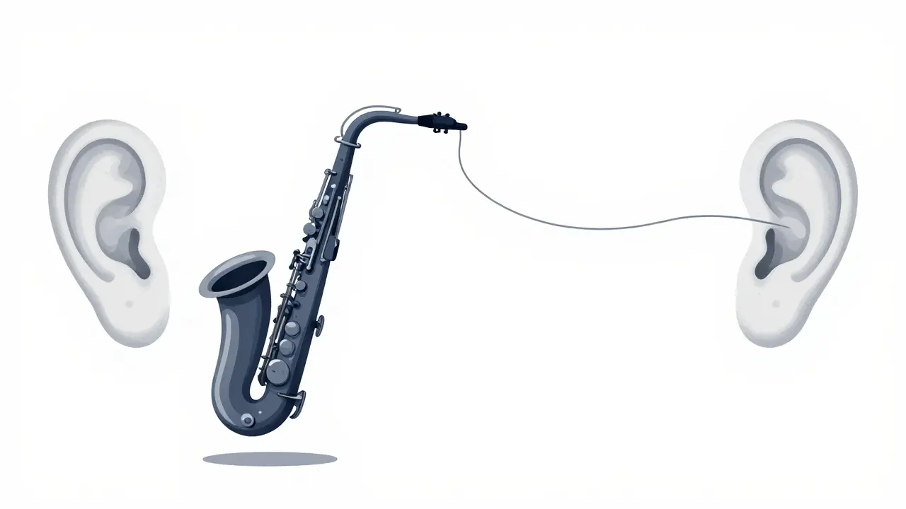 A floating saxophone with a sound thread connecting to human ears in abstract silence.