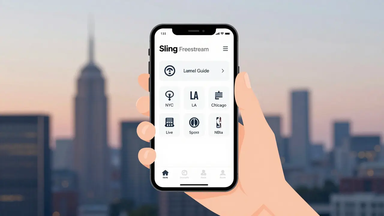 A hand holding a phone showing the Sling Freestream app with local broadcast channels displayed as intuitive icons.