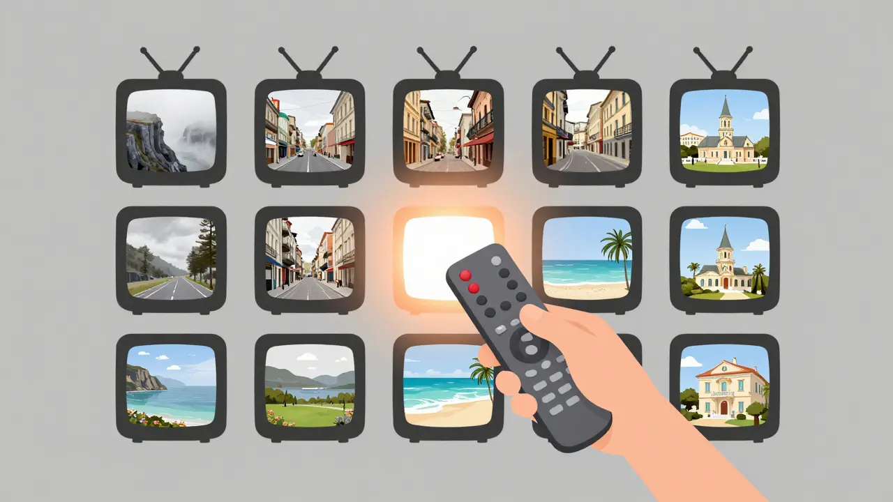 A hand pointing remote at multiple small TV screens showing international scenes from Acorn TV series.
