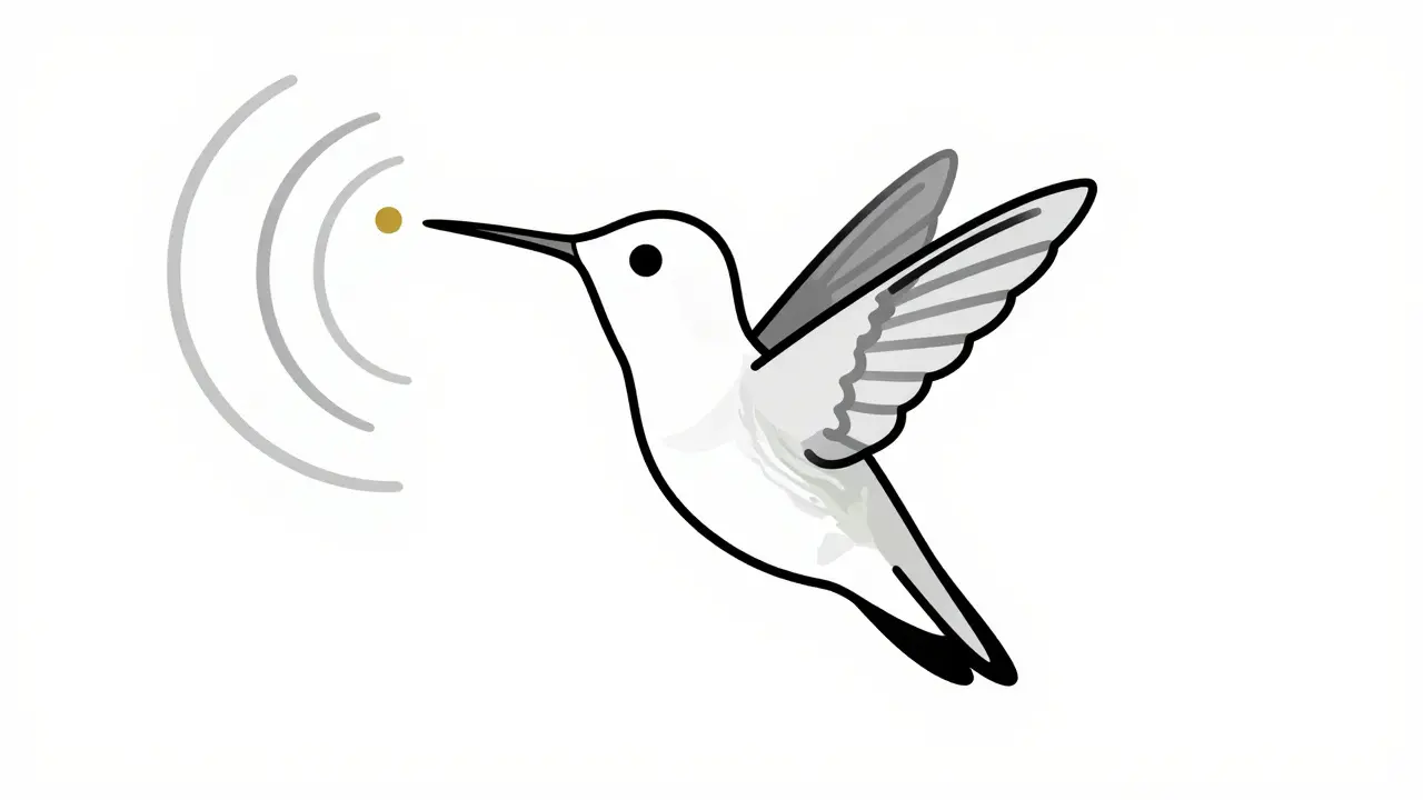 A hummingbird in flight with abstract motion rings surrounding its wings.