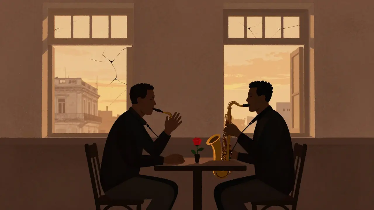 A jazz musician and journalist in a dim Havana club at sunset