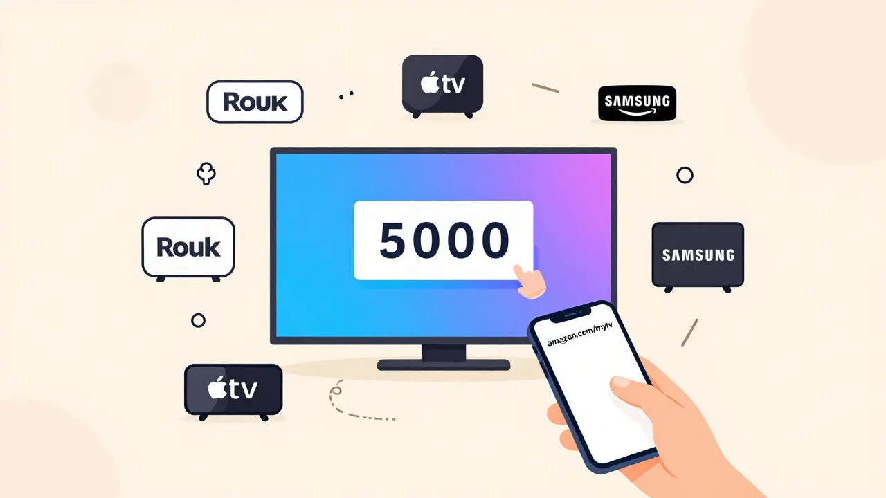A minimalist graphic of multiple streaming devices with Prime Video activation code on screen, connected to a phone accessing amazon.com/mytv.