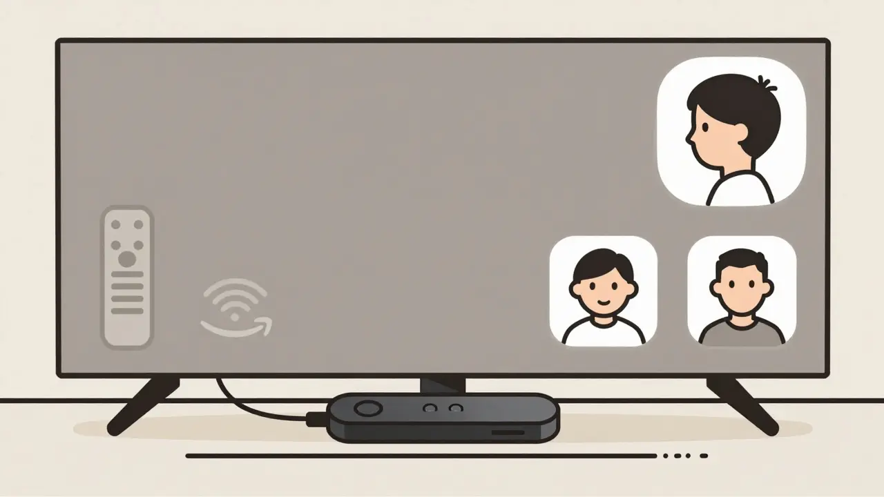 A minimalist illustration showing a Fire TV profile menu with main and child account avatars, highlighting account switching.