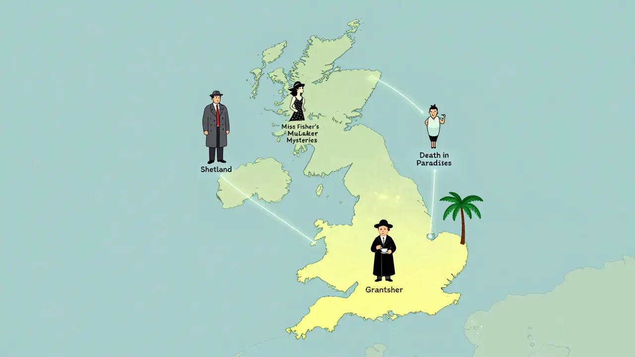 A minimalist map of the British Isles with floating icons of popular Acorn TV shows connected by glowing lines.