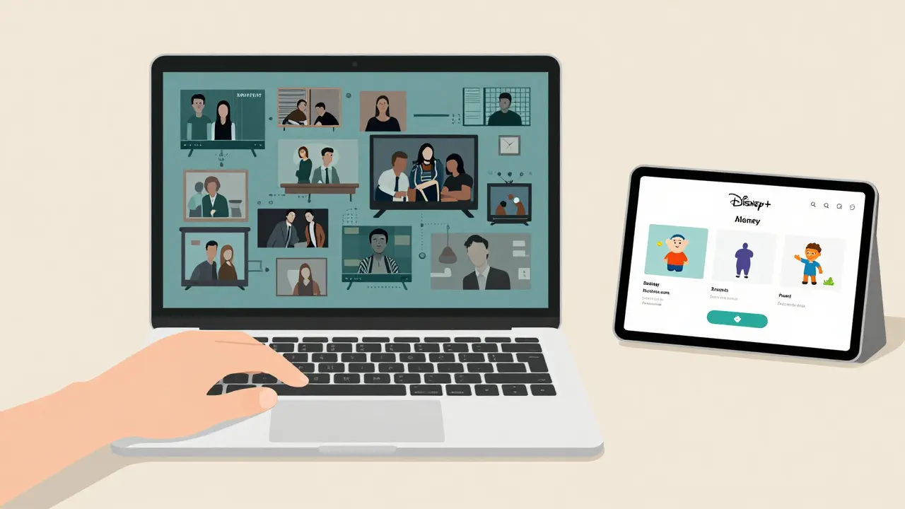 A parent closing a chaotic streaming screen while a kid-safe Disney+ profile plays nearby.