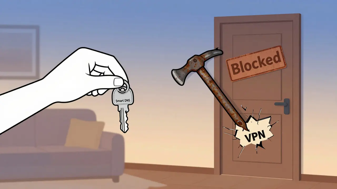 A person holding a sleek key unlocking a streaming door, while a rusty crowbar struggles to open a blocked door, symbolizing Smart DNS vs. VPN for streaming.