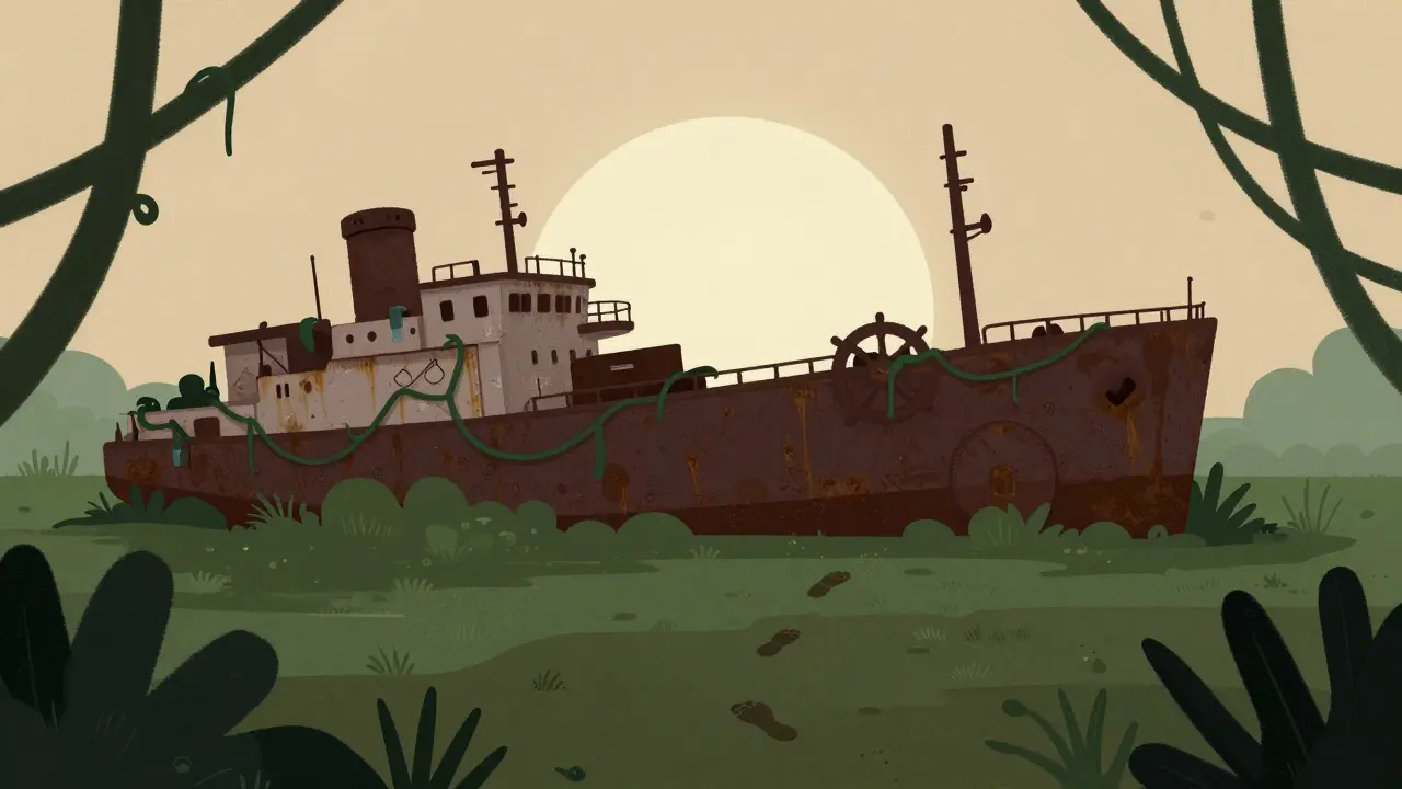 A rusted steamship half-swallowed by jungle vines, standing as a silent monument in the forest.