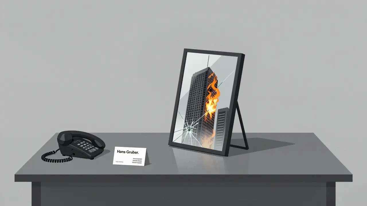 A silent boardroom scene with a cracked mirror reflecting fire, implying Hans Gruber’s unseen presence.