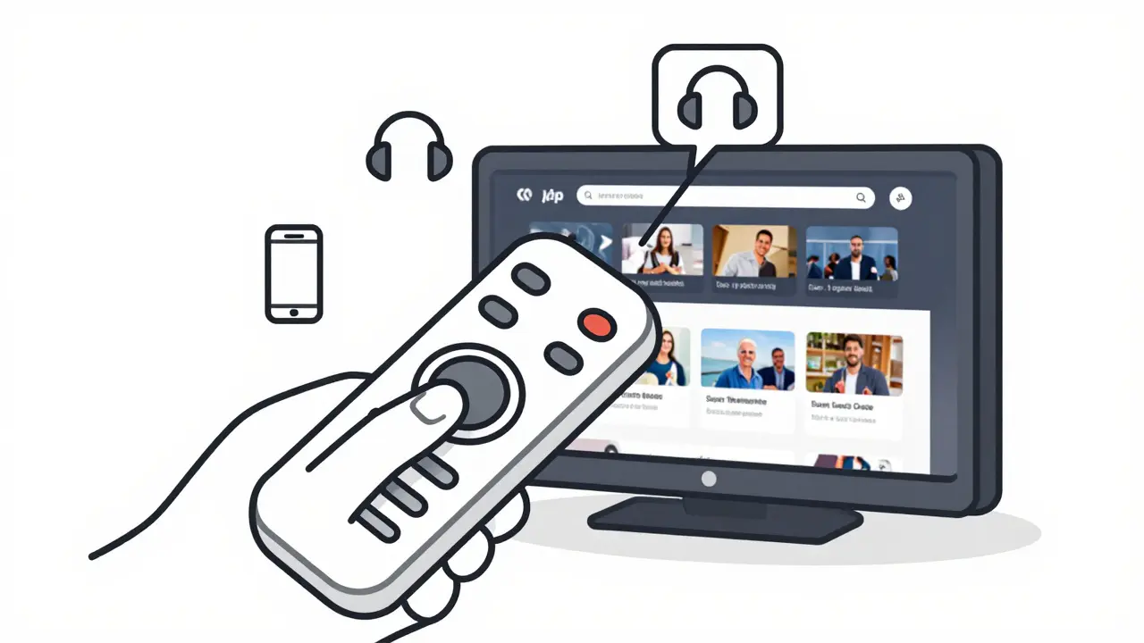 A simplified remote with one large button controls accessibility features synced across multiple devices.