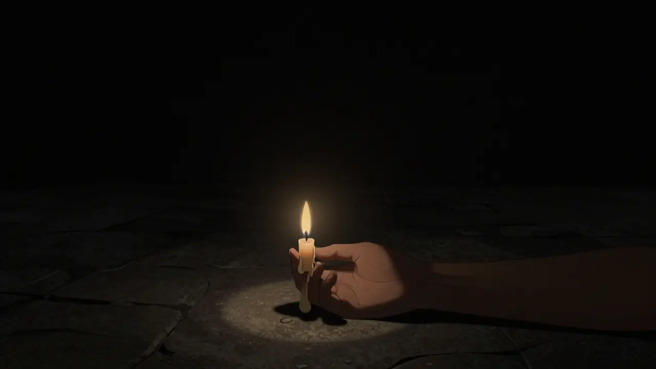 A single candle burns in total darkness, casting a small circle of light.