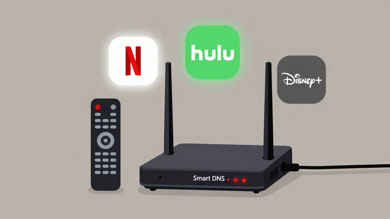 A smart TV remote labeled 'Smart DNS' next to a complex VPN router, with glowing streaming service icons on one side and flickering, dim ones on the other.