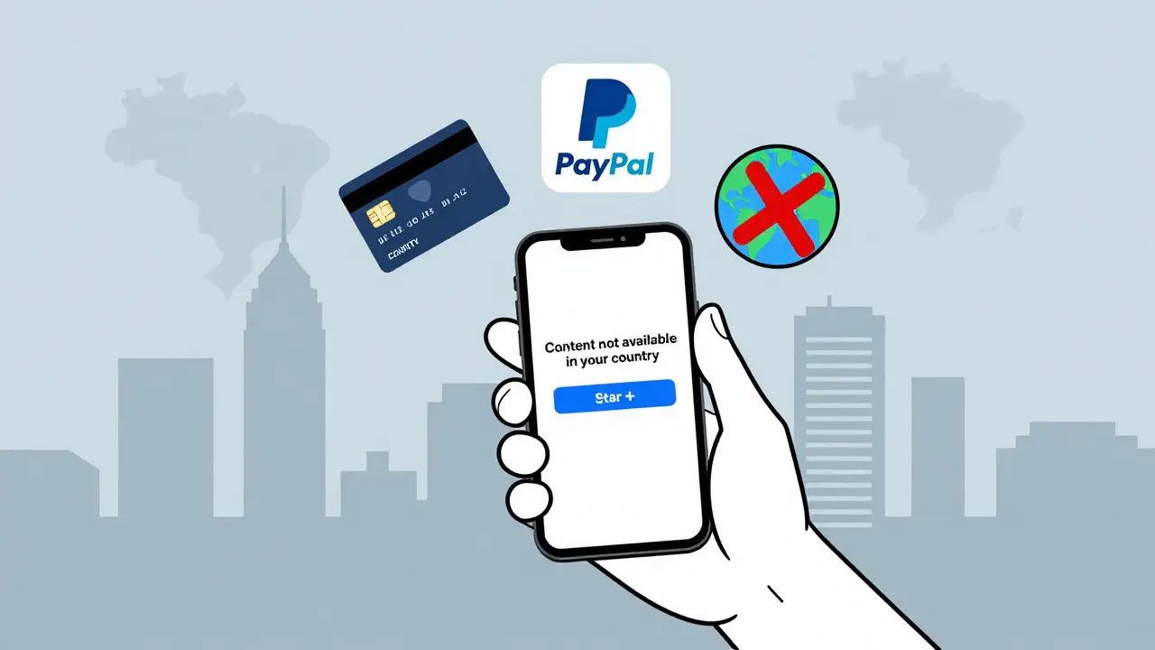 A smartphone displays an error message with blocked payment methods floating above it.