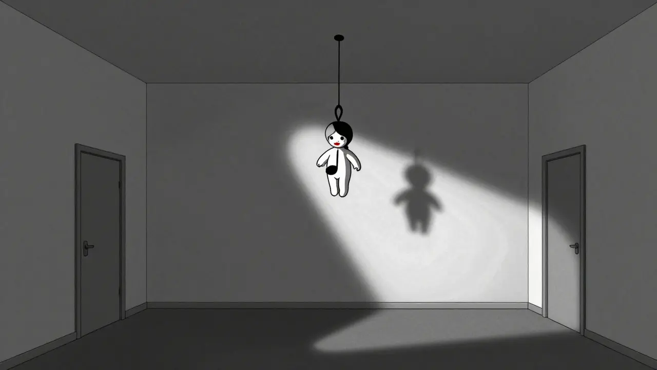 A twisted lullaby doll casts a shadow of a reaching hand in an empty room.