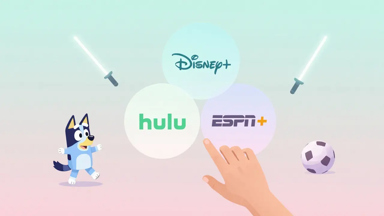 A unified bundle of Disney+, Hulu, and ESPN+ with family-friendly icons floating nearby.