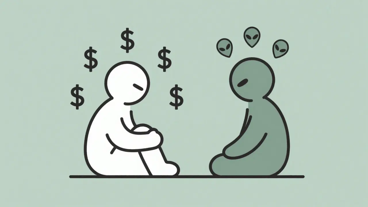 Abstract figures symbolizing trauma with dollar signs and aliens