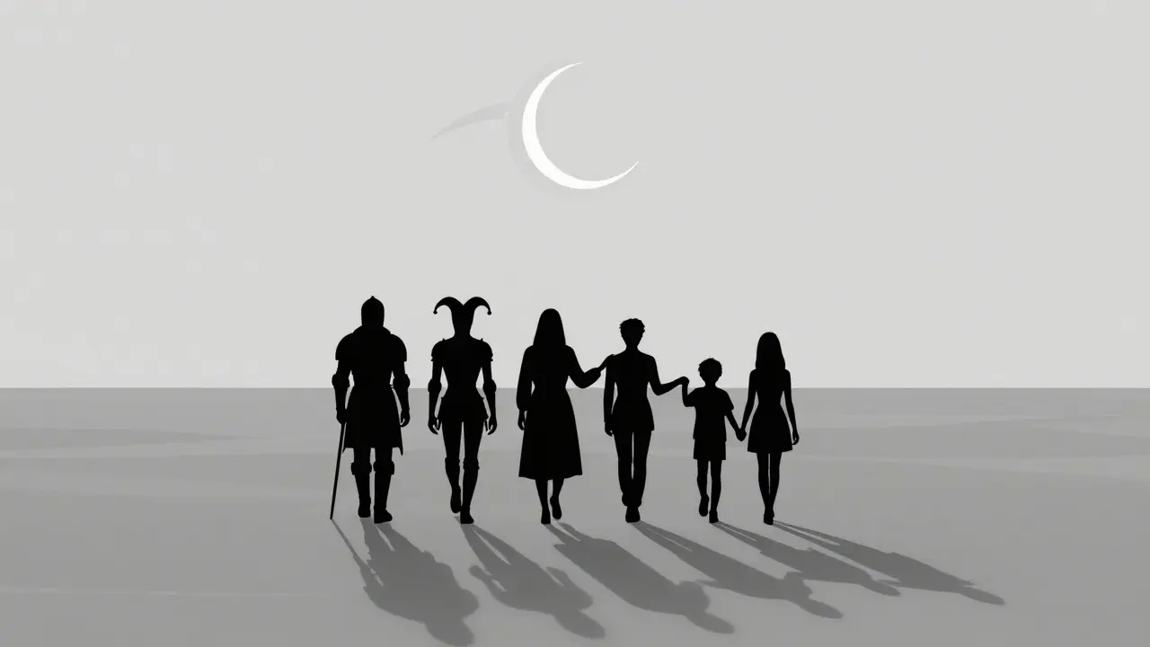 Five figures walk into the distance as Death's shadow looms behind them.