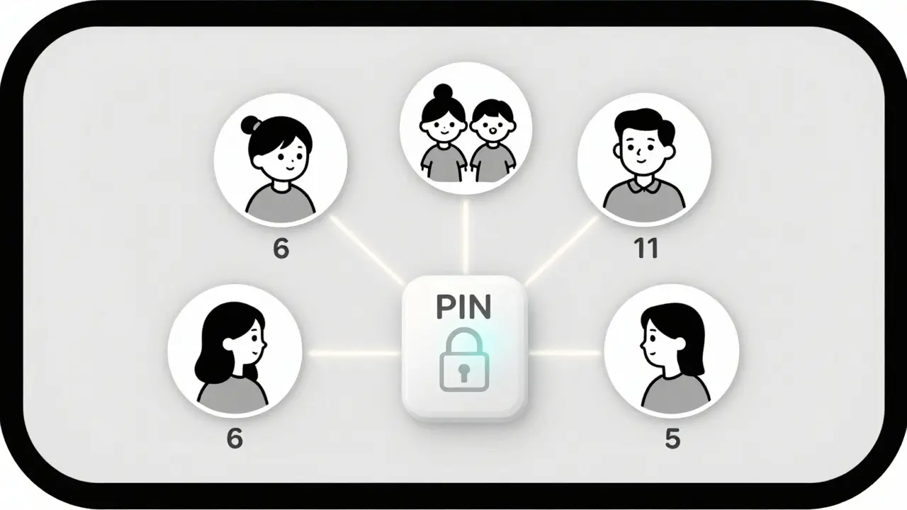 Five profile icons floating in a circle, two marked as kids with age tags, a locked PIN pad at the center.