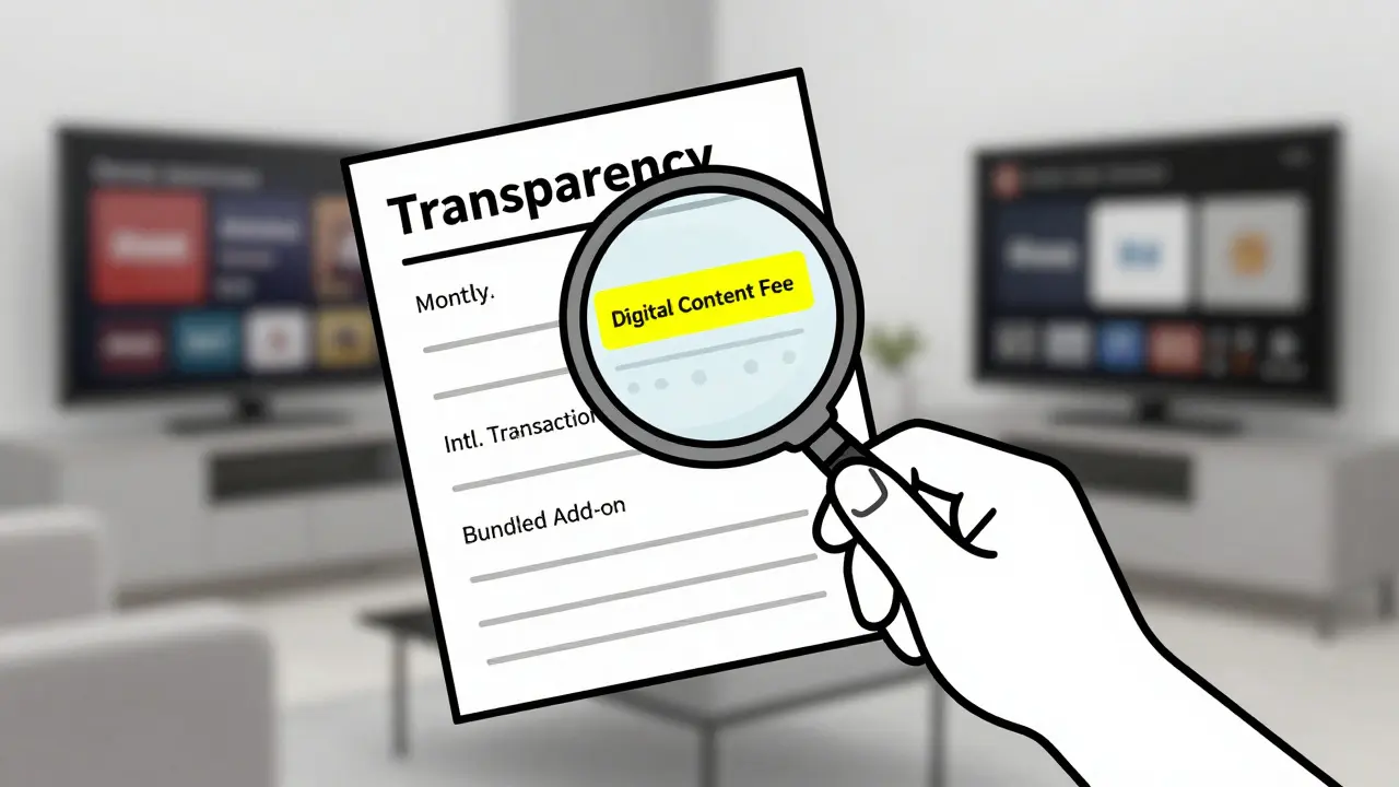 Hand using magnifying glass to reveal hidden fees on a bank statement.