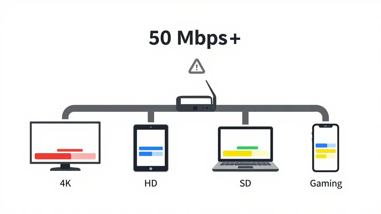 Home network diagram with four devices and bandwidth bars, showing total need of 50 Mbps for multiple streams.