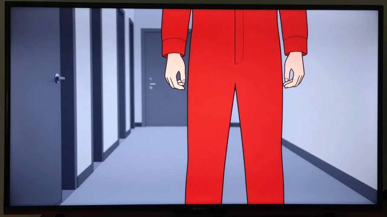 Red jumpsuit on TV screen with vibrant colors in minimalist style