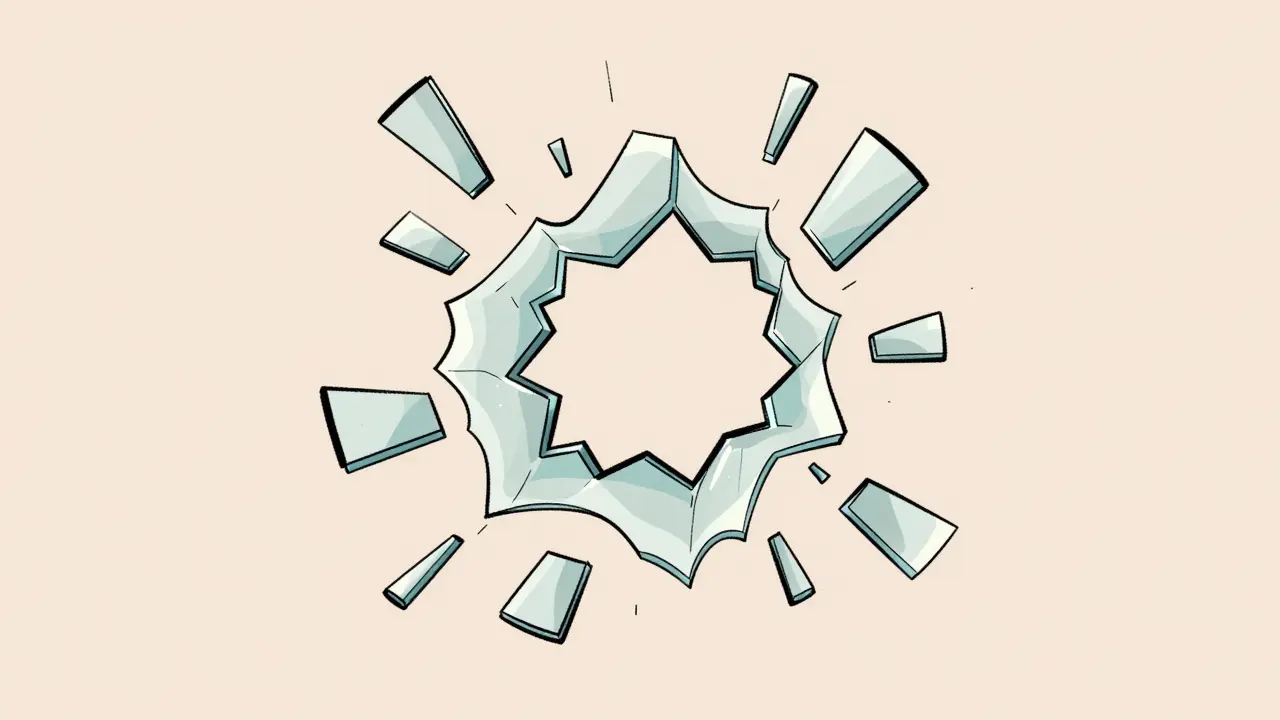 Shattered glass fragments frozen mid-air in a symmetrical pattern.