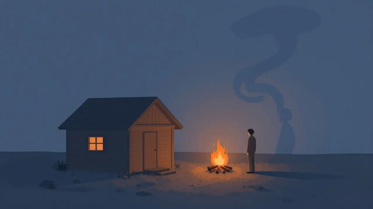 Solitary cabin dweller with shadow distortions