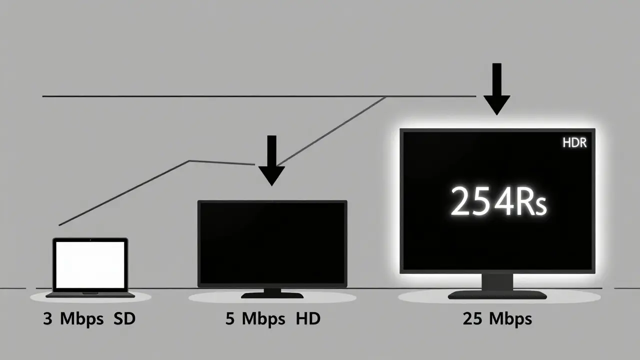 Three parallel lines showing Netflix streaming quality requirements: SD, HD, and 4K with a quality drop at 10 Mbps.