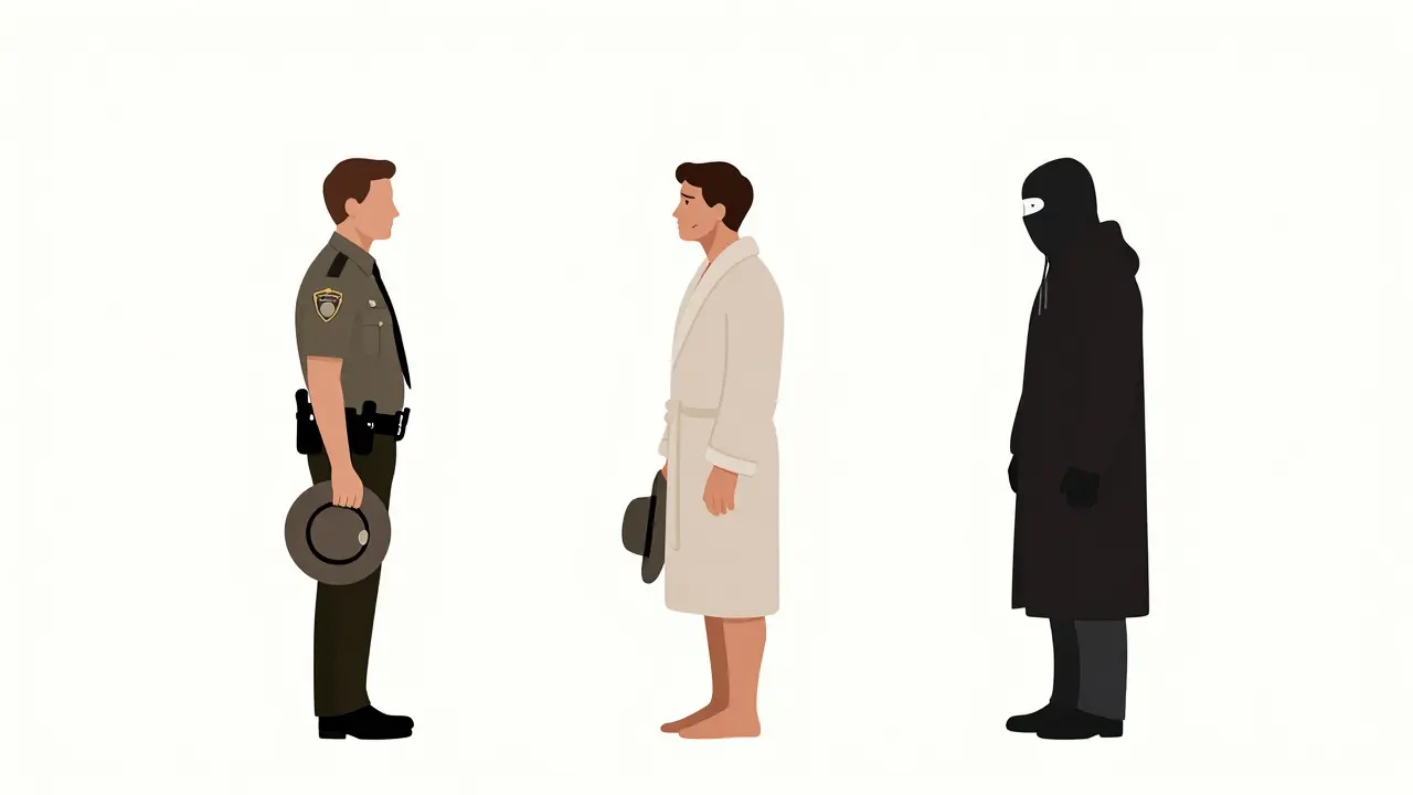 Three silent figures stand in profile, each holding a symbolic object in minimalist style.