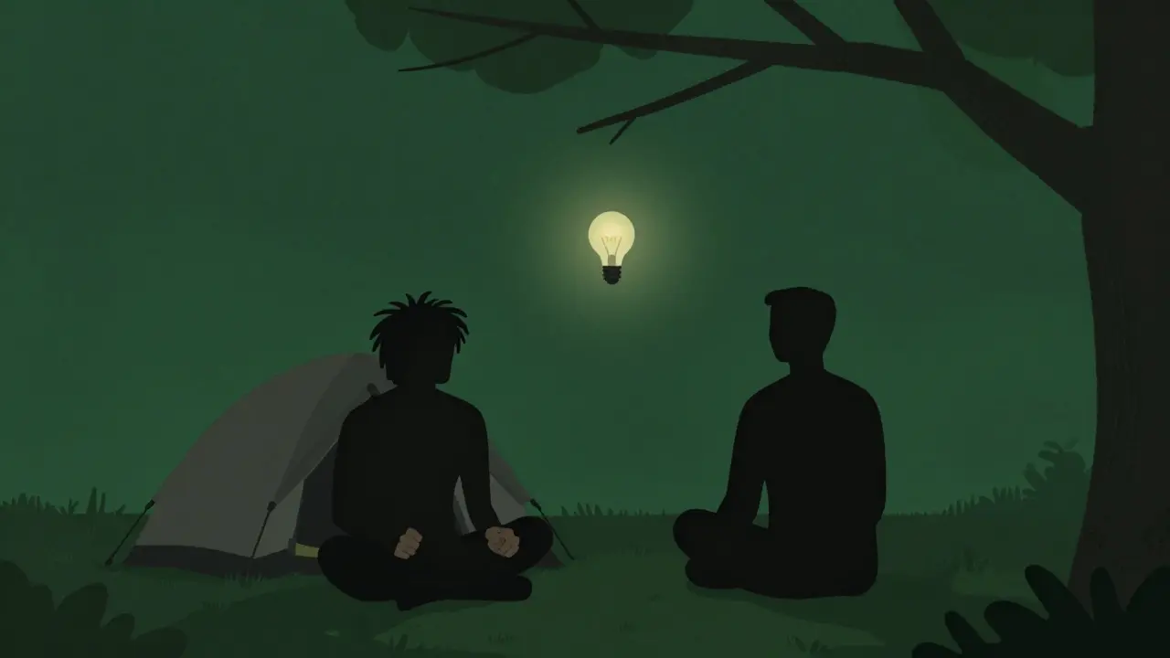 Two silent figures in a tent, one agitated, one calm, connected by a glowing lightbulb.