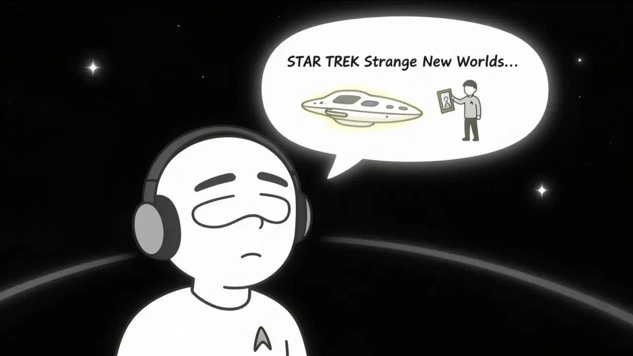 A blind viewer listens to audio description as a Star Trek scene is described in a glowing voice bubble.