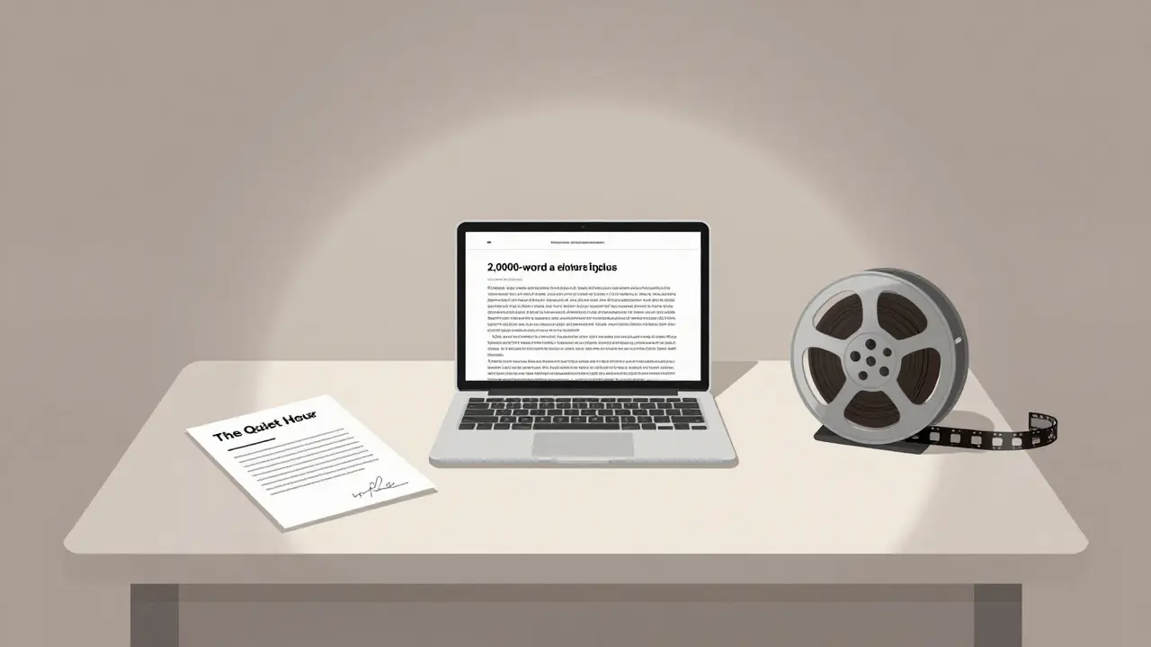 A critic’s desk with a personalized pitch, a featured article, and a film reel—minimalist and focused.