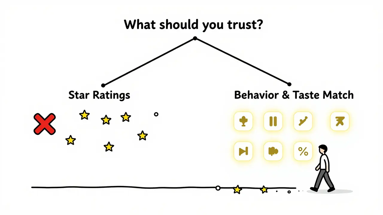 A decision tree illustrating why behavior-based recommendations are better than simple star ratings.