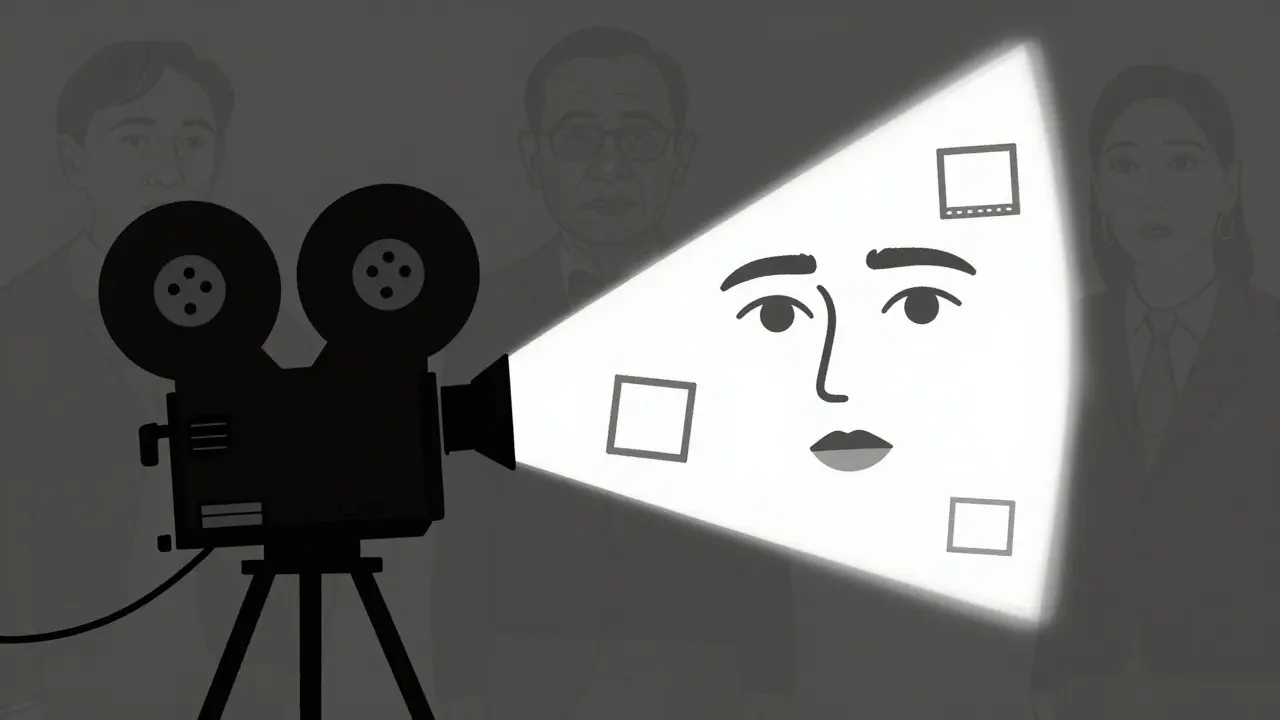 A film projector casting a human face made of recurring directorial visual motifs.