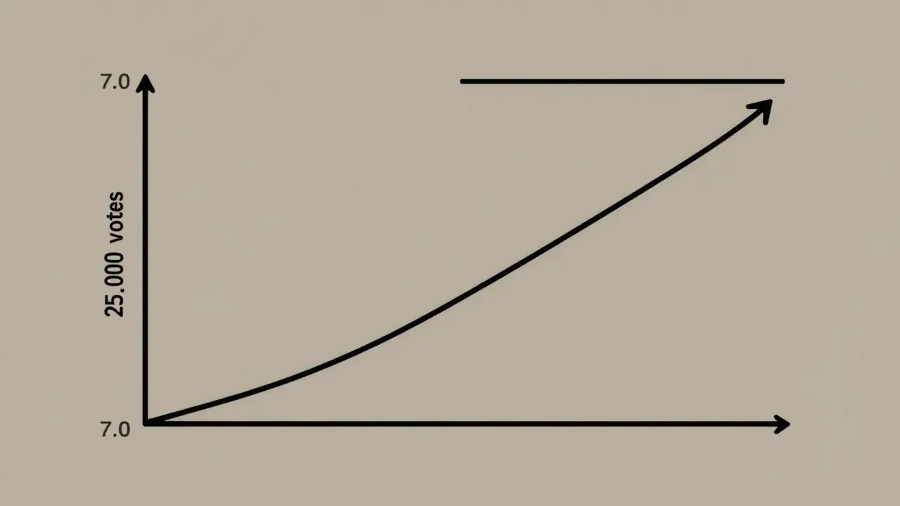 A line graph illustrating how IMDb's weighted rating stabilizes after reaching 25,000 votes.