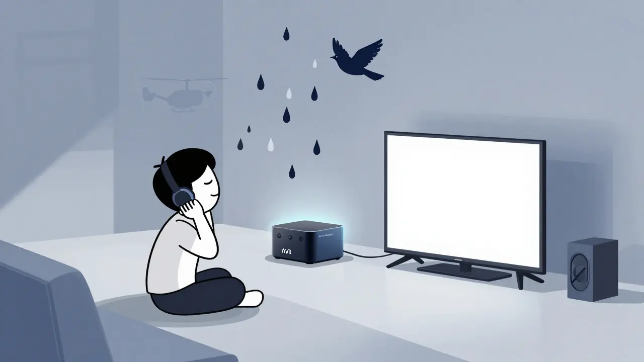 A person enjoying immersive Atmos audio with floating sound objects like rain and a helicopter overhead.