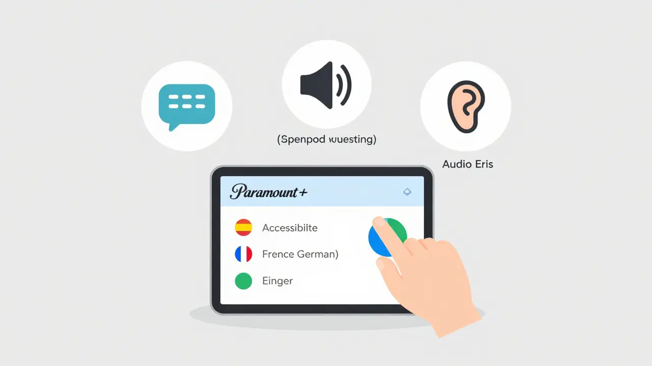 A person selects accessibility options: captions, dubbing, and audio description icons on a tablet.