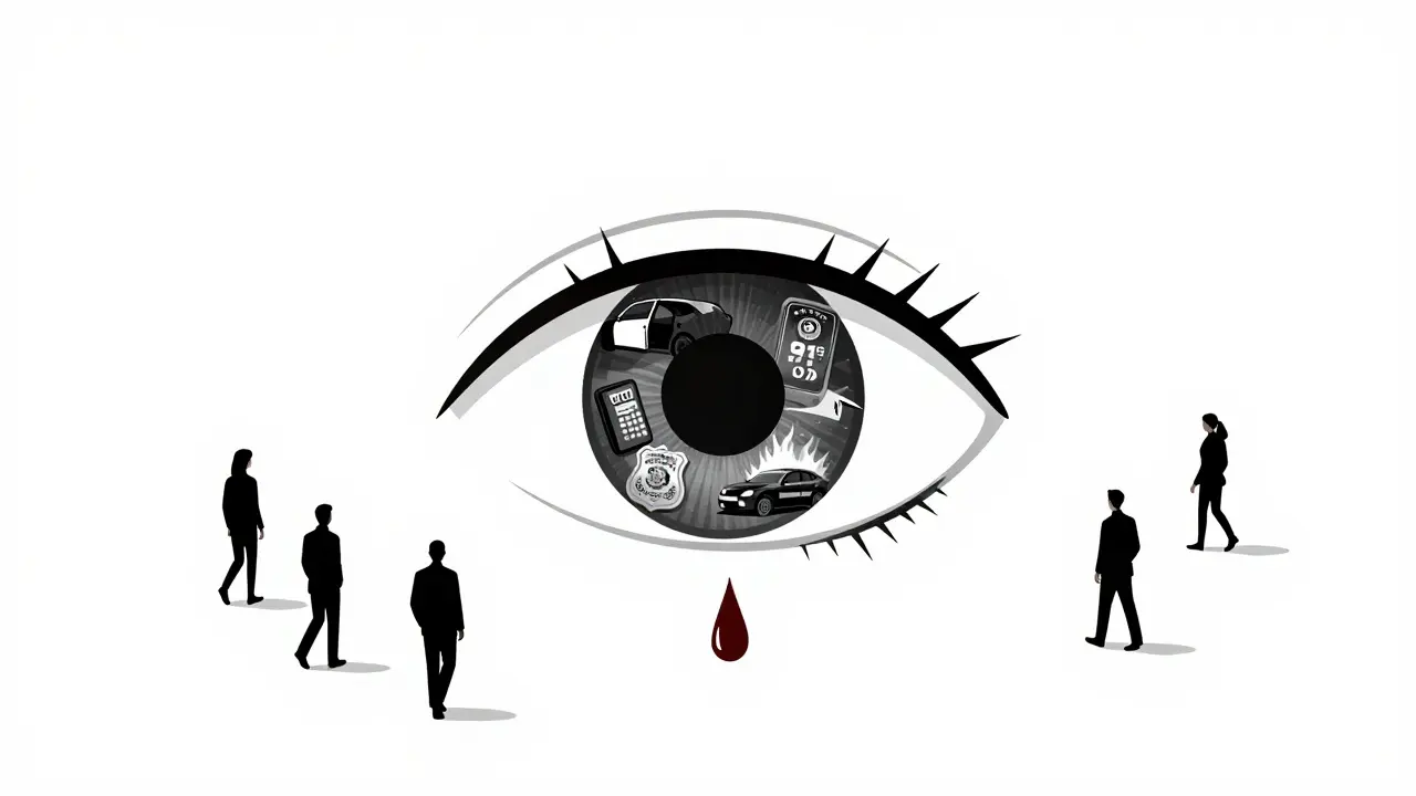 A single eye reflecting scenes of racial tension, surrounded by walking figures.