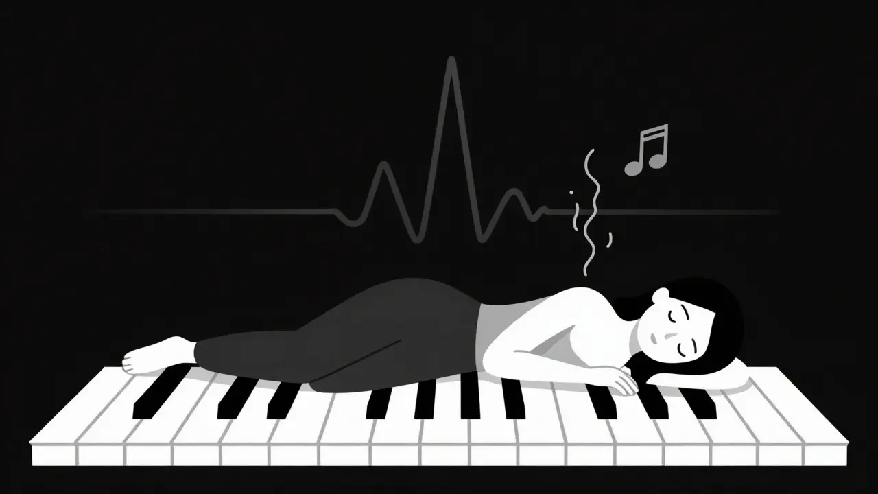 A single piano key pulses with the rhythm of a sleeping woman’s breath, symbolizing silent storytelling.